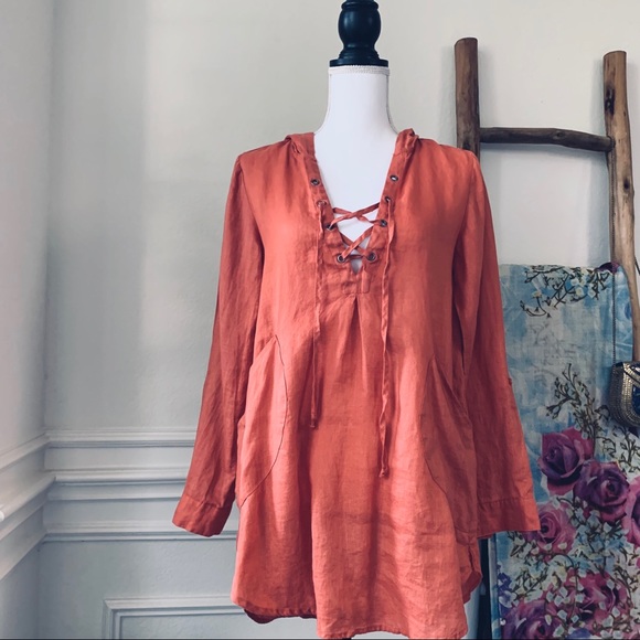 FOR CYNTHY BURNT ORANGE LINEN HOODED TUNIC TOP COVER UP - Picture 6 of 14